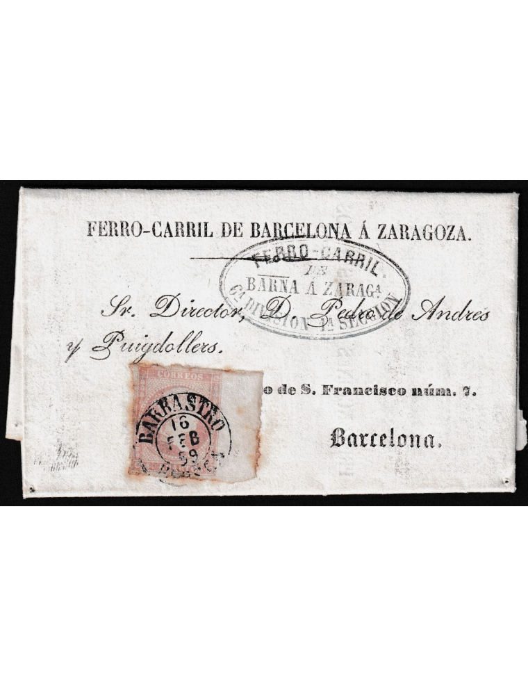 1859 (16 FEB) Barbastro a Barcelona. 4 cuartos rojo mat. fechador tipo I en negro de Barbastro. Sobrescrito del ayudante de la D