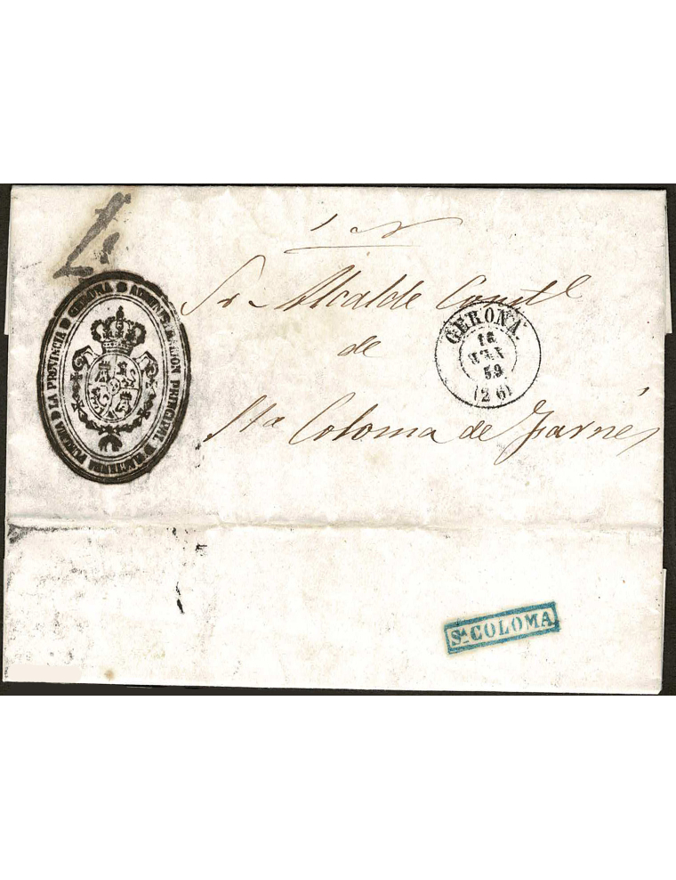 1859 (16 FEB) Girona a Santa Coloma de Farners. Sobrescrito del S.N. Santa Coloma en el periodo en que era una cartería, estampá