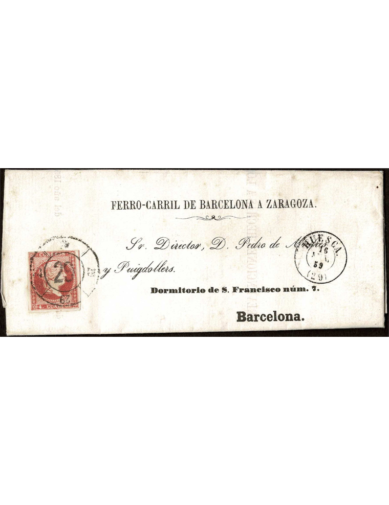 1859 (16 JUL) Huesca a Barcelona. 4 cuartos rojo mat. RC”29” en negro de Huesca y en el frente fechador. Sobrescrito del ayudant
