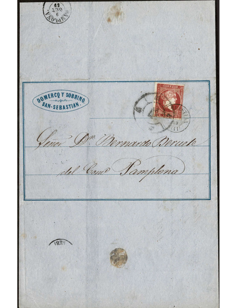 1859 (8 OCT) San Sebastián Pamplona. 4 cuartos rojo mat. RC”41” y fechador, ambos en negro de San Sebastián. Sobrescrito con el 
