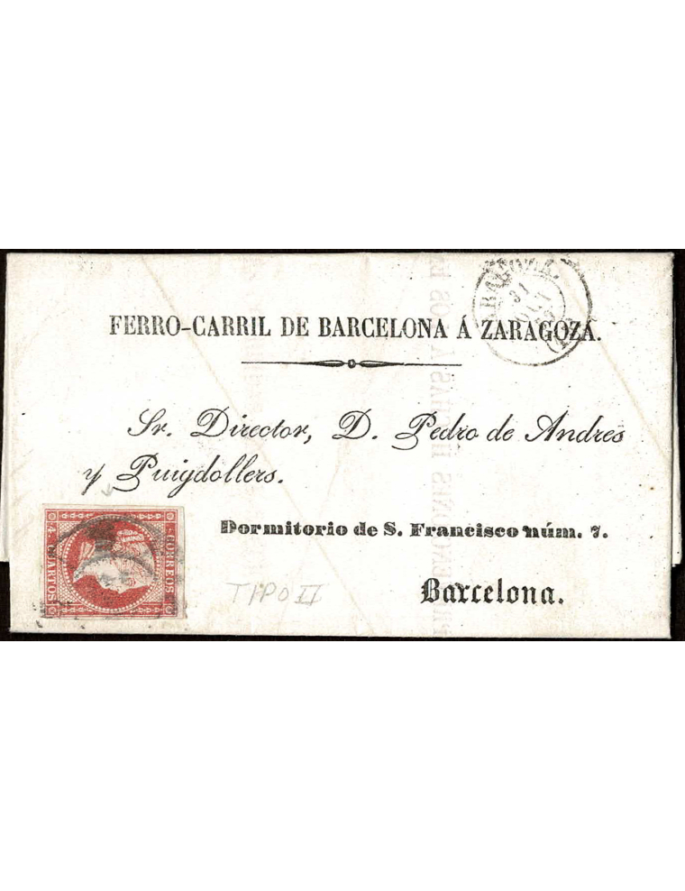 1859 (31 OCT) Zaragoza a Barcelona. 4 cuartos rojo mat. RC”15” y en el frente fechador, ambas en negro de Zaragoza. Sobrescrito 
