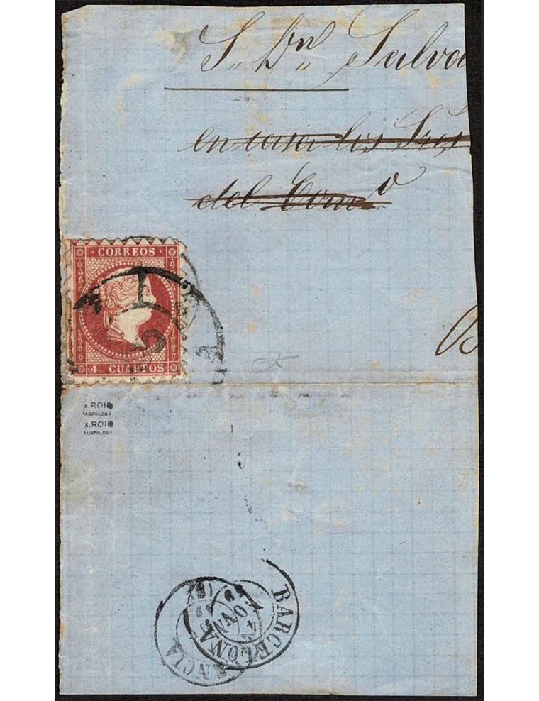1859 (NOV) Reus a Valencia y Barcelona. Fragmento de carta dirigido desde Reus a Valencia y franqueado con un sello de 4 cuartos