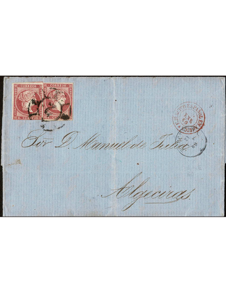 1860 (21 ENE) Barcelona a Algeciras, via Norte de África. 4 cuartos rojo, dos ejemplares mat. RC”2” en negro de Barcelona. Carta