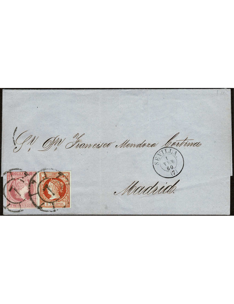 1860 (1 FEB) Sevilla a Madrid. Franqueada con sellos de 4 cuartos de la emisiones de 1855 y 1860 en el primer día de circulación