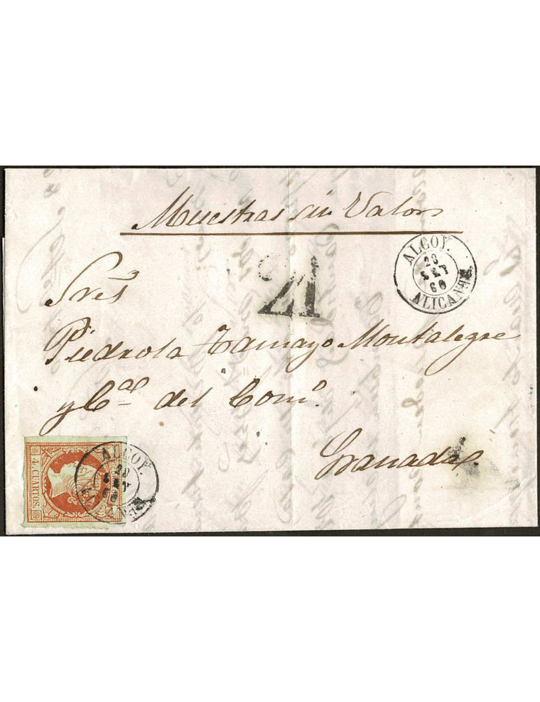 1860 (28 SET) Alcoy a Granada. 4 cuartos amarillo mat. fechador que se repite en el frente y marca de porte “21” y mns. “Muestra