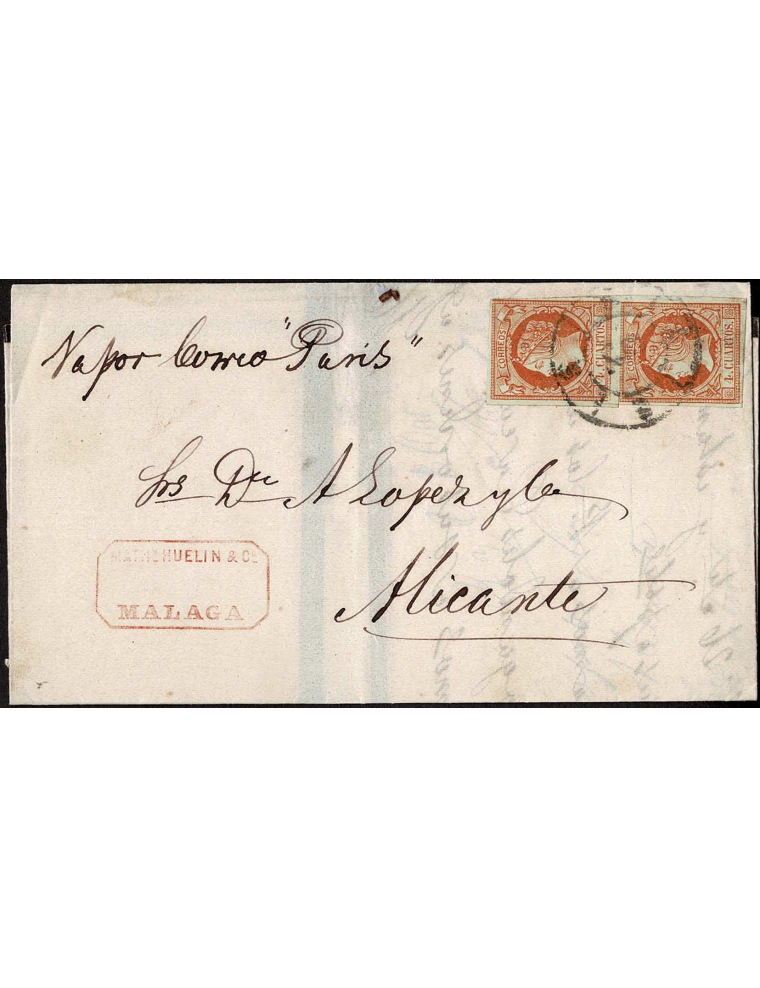1861 (24 SET) Málaga a Alicante. Sobrescrito franqueado con dos sellos de 4 cuartos de la emisión de 1860, cancelados con la RC”