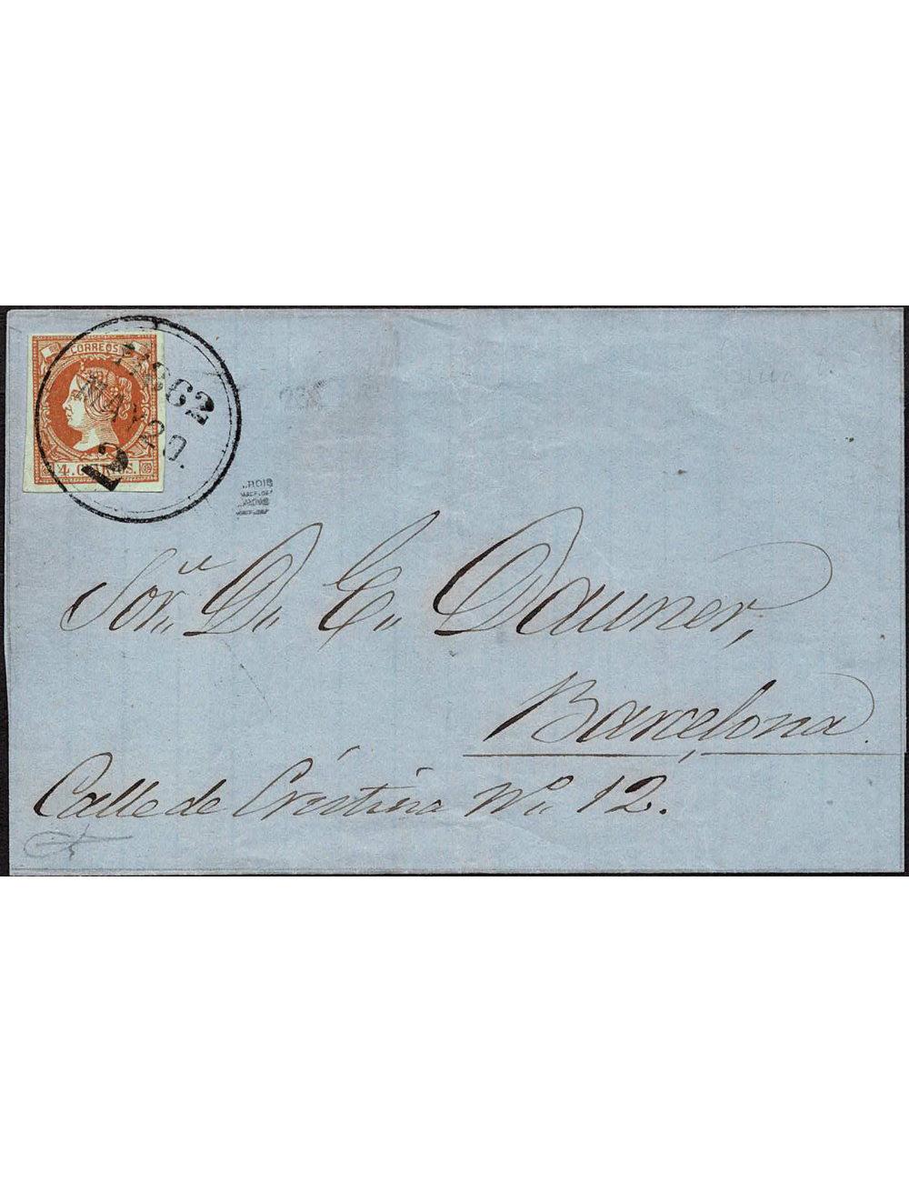 1862 (20 MAY) Caldas a Barcelona. 4 cuartos amarillo mat. marca del ferrocarril de Caldas , distintivo “COPA”. Envuelta de lujo.