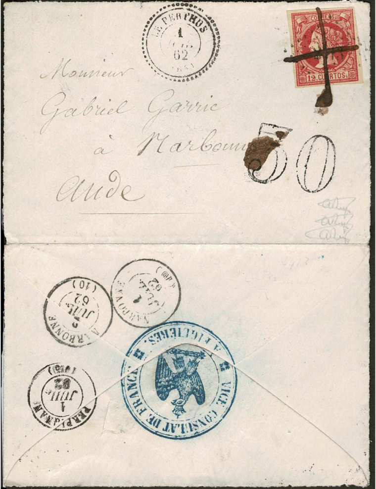 1862 (1 JUL) Figueres (España) a Narbona (Francia) vía Le Perthus. 12 cuartos carmín mat. rombo de puntos numeral francés y cruz