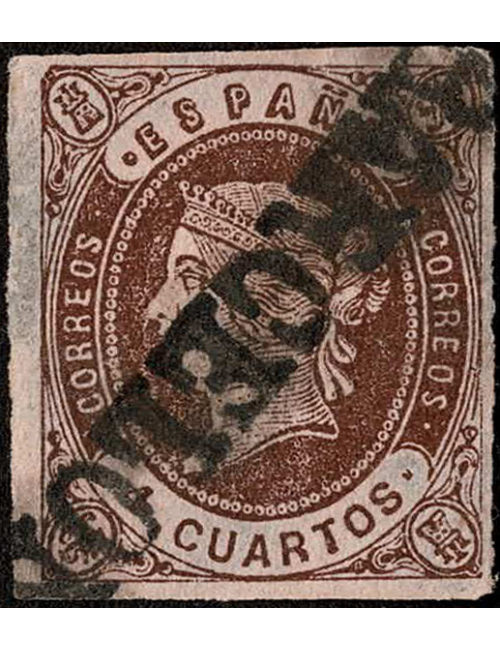 1862 Sello de 4 cuartos marrón de la emisión de 1862 cancelado con el lineal de Barcelona (Sitjà tipo LB-1).