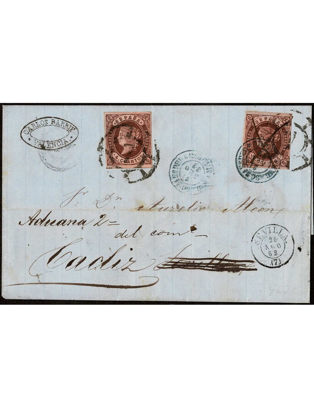1862 (21 AGO) Valencia a Sevilla y reexpedida a Cádiz. 2 ejemplares de 4 cuartos marrón sin obliterar confiado al ambulante que 