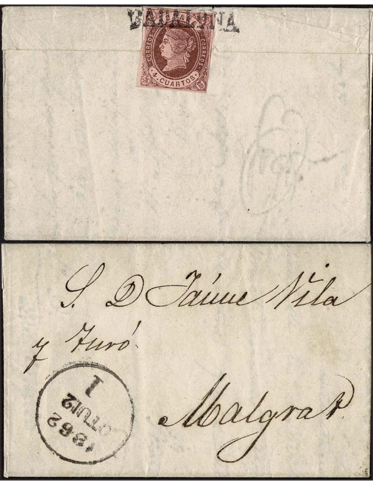 1862 (12 OCT) Badalona a Malgrat. Carta franqueada con un 4 cuartos marrón puesto como cierre y cancelado con la marca lineal “B