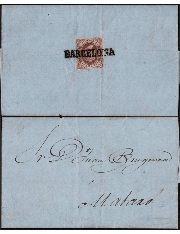 1862 (14 OCT) Barcelona Mataró. Carta franqueada con un 4 cuartos marrón como cierre de la carta y cancelado con el lineal “BARC