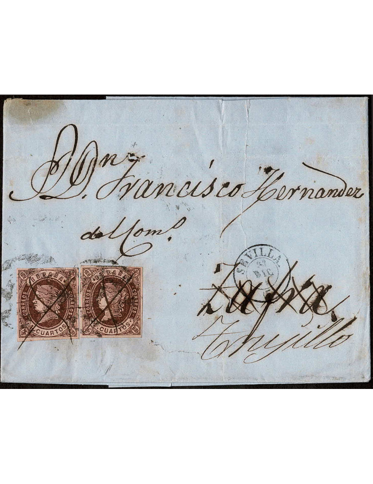 1862 (23 DIC) Sevilla a Zafra y reexpedida a Trujillo. 4 cuartos marrón, dos ejemplares mat. RC”7” en negro de Sevilla y aspados