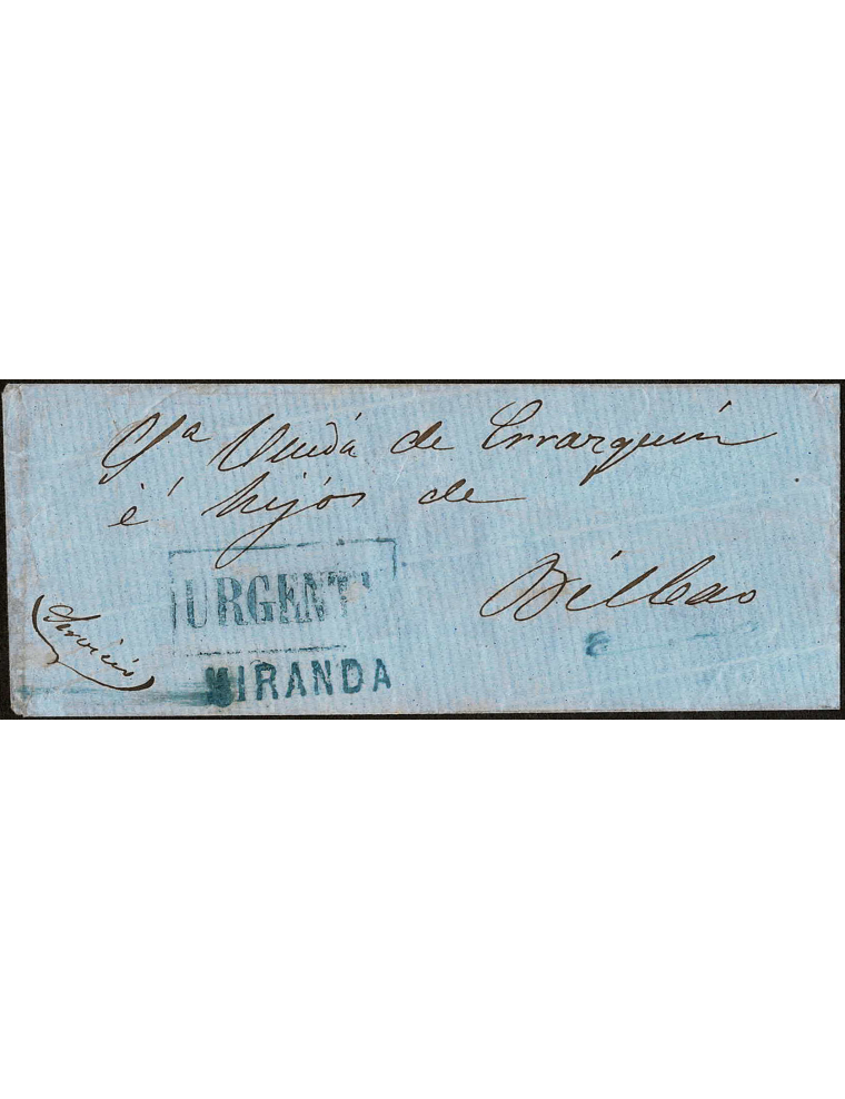 1863 circa Miranda de Ebro a Bilbao. SCM con las marcas “URGENTE” Y “MIRANDA”, de su estación de ferrocarril. En el frente el ma