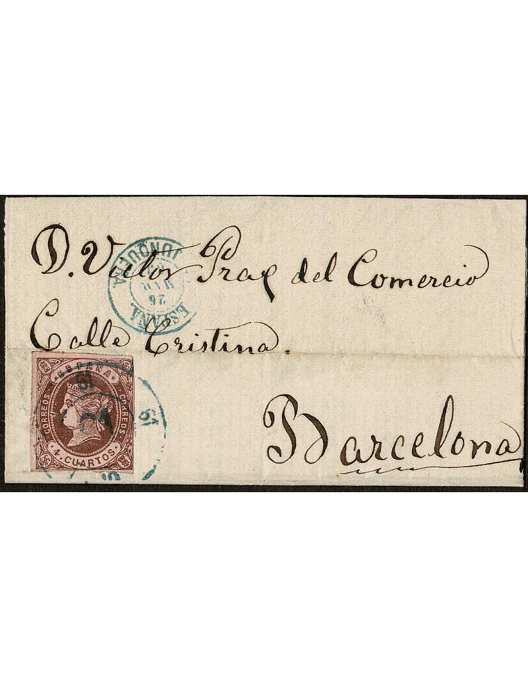 1863 (26 MAR) La Junquera a Barcelona. 4 cuartos marrón mat. RC”61” y en el frente fechador fronterizo, ambos en azul. Preciosa 
