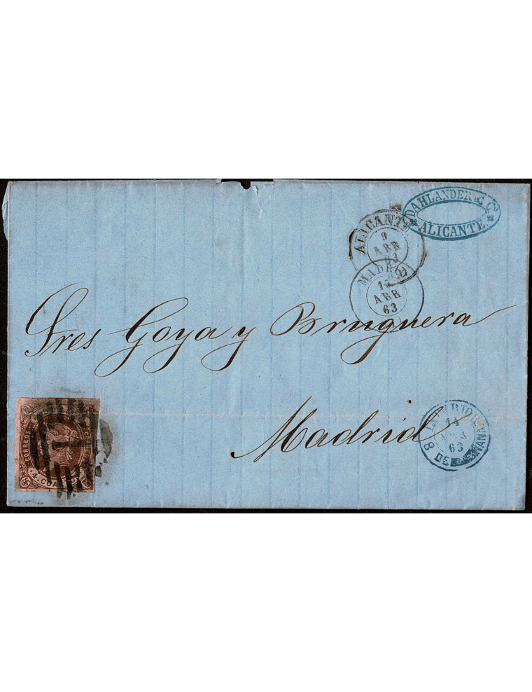 1863 (9 ABR) Alicante a Madrid. Muy interesante carta de difícil interpretación, pero que suponemos fue la siguiente: la misiva 