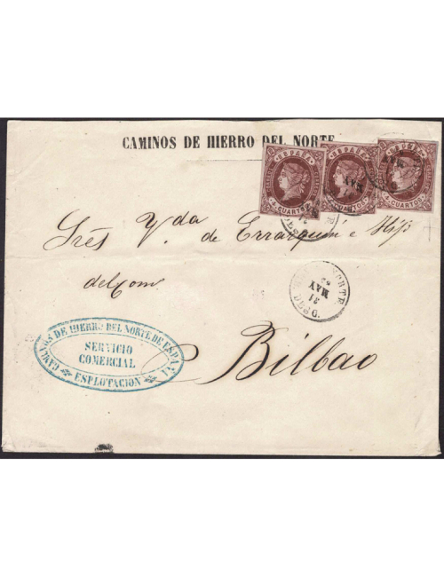1863 (31 MAY) A Bilbao. 4 cuartos marrón, tres ejemplares mat. fechador del ambulante “NORTE / 31 MAY 63 /AMB. DESC.”que se repi