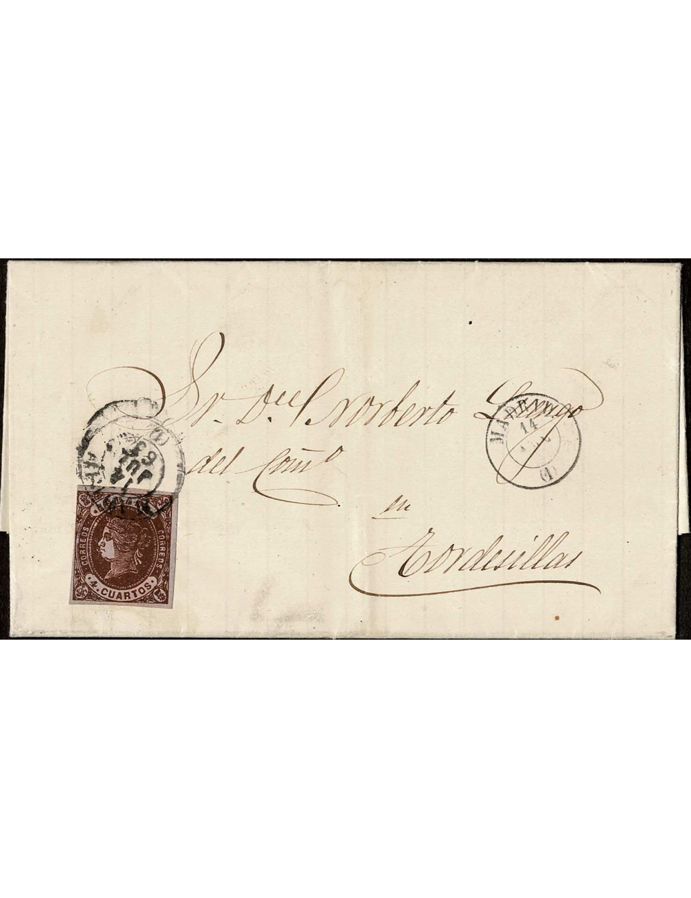 1863 (14 JUL) Madrid a Tordesillas. Sobrescrito franqueado con un sello de 4 cuartos de la emisión de 1862, que se cancela con e