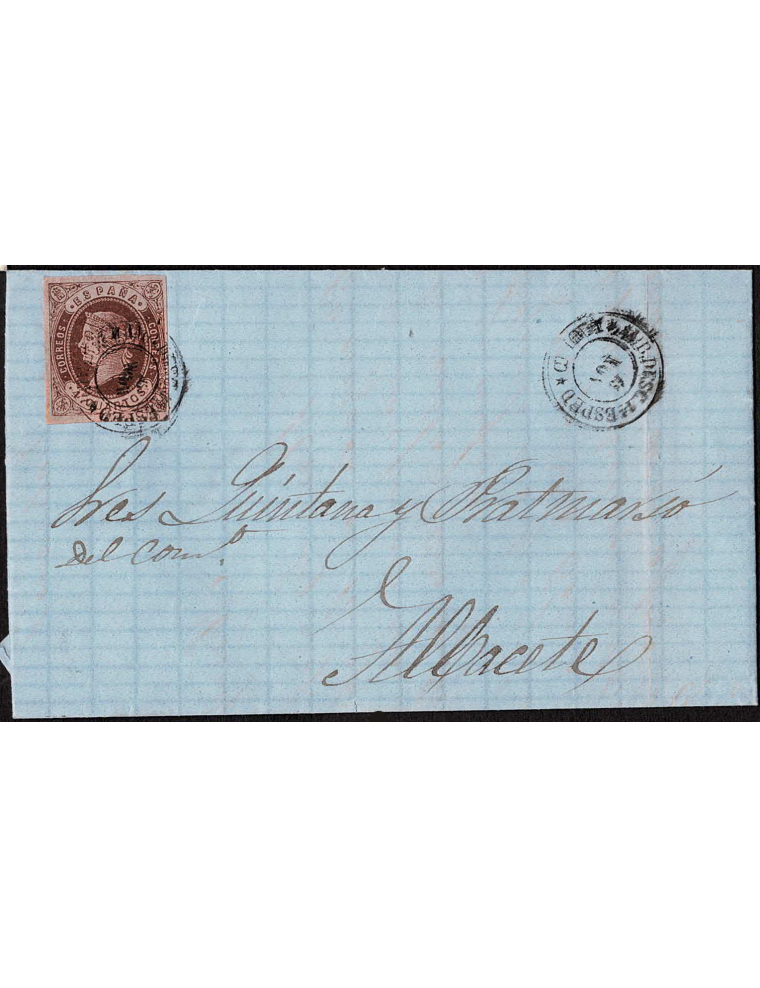 1863 (19 NOV) Minaya a Albacete. 4 cuartos marrón mat. fechador “AMB. DESC. 1A ESPED*MADRID*”. Con variedad por ausencia del año