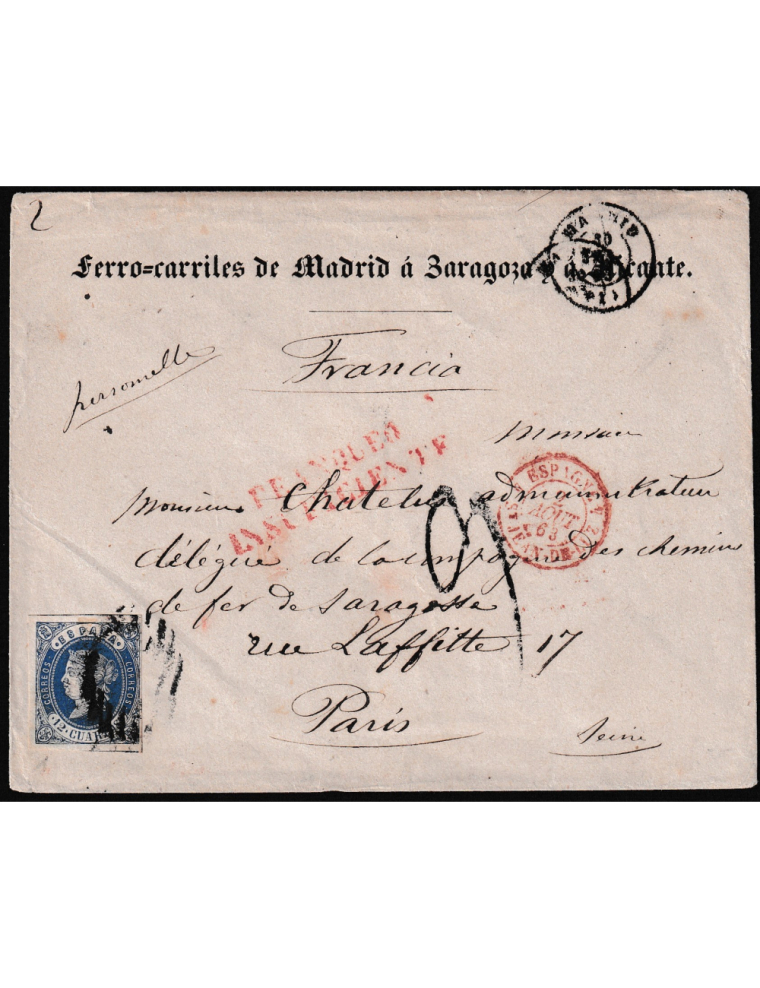 1863 (30 JUL) Madrid a París. 12 cuartos azul mat. PC”1” sin cifra en negro de Madrid, insuficiente para un doble peso (un ”2” e