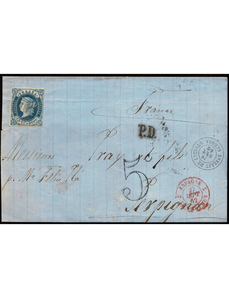 1862 (26 SET) Sant Feliu de Guíxols a Perpiñán. 12 cuartos azul mat. fechador que se repite en el frente. Al dorso tránsito por 