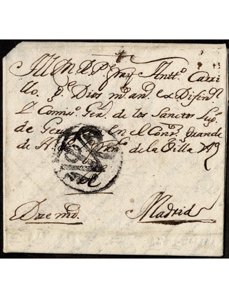 1717 (7 ABR) Vitoria a Madrid. Sobrescrito con primera marca postal de Vitora (nº1) en monograma lineal en negro. Porteo mns. “D
