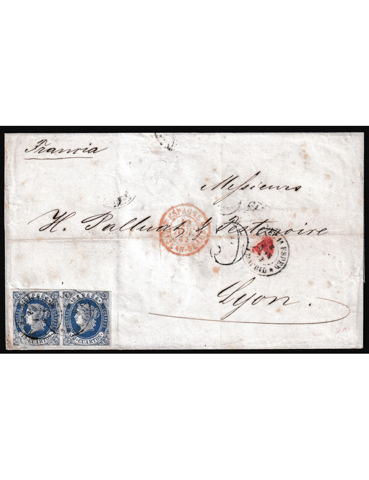 1863 (8 NOV) A Lyon (Francia). Envuelta desde algún lugar de la línea del Mediterráneo a Francia franqueada con dos sellos de 12