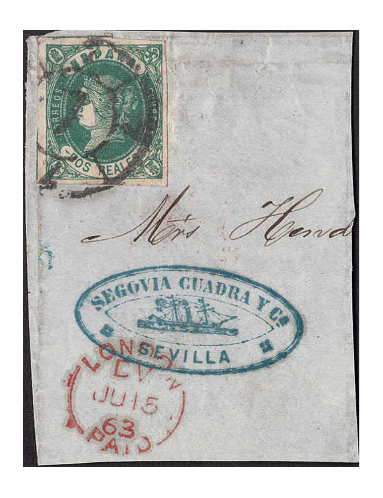1863 (15 JUL) Fragmento con un sello de 2 reales a Inglaterra que se recibe el 15 de julio de 1863, cancelado con la RC”7” y con