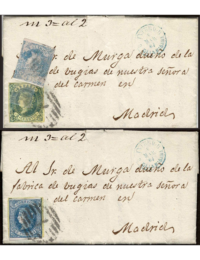 1864 (6 MAR) Correo interior de Madrid. Franqueada inicialmente con un sello de 2 cuartos de la emisión de 1862 y luego con otro