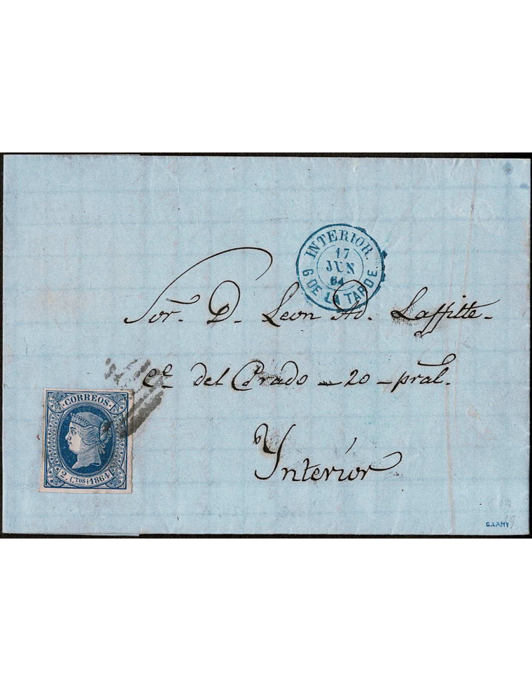 1864 (17 JUN) Madrid correo interior. Sobrescrito franqueado con un sello de 2 cuartos de la emisión de 1864, cancelado con la p