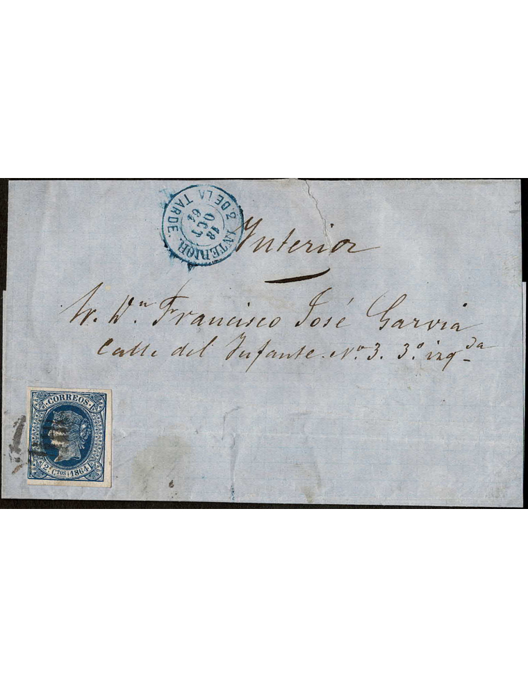 1864 (18 OCT) Madrid correo interior. 2 cuartos azul mat. PC”1” en negro. En el frente fechador del correo interior: “INTERIOR /