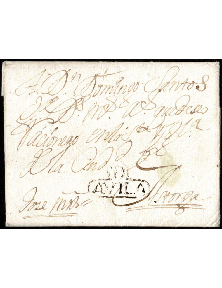 1717 (9 SET) Avila a Astorga. Marca “D/ AVILA”(nº1) recercada en tinta de escribir de Ávila. Porteo mns. “Doce maravedís”. Prime