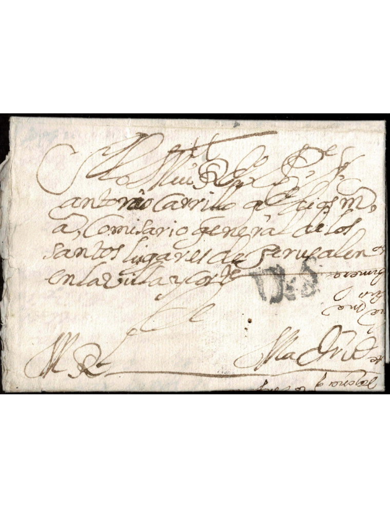 1717 (¿15? OCT) Sevilla a Madrid. Marca “De S” en lugar de “De Sevill.” (nº1) lineal en negro. Primera marca postal conocida de 