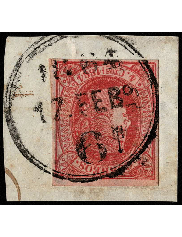 1864 (17 FEB) Sello de 4 cuartos salmón de la emisión de 1864 sobre fragmento cancelado con la marca del carril “1864 / 17 FEBº 