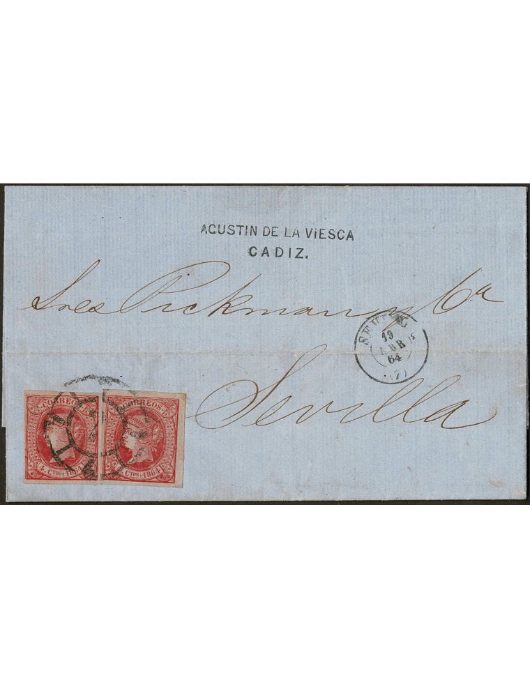 1864 (19 ABR) Cádiz a Sevilla. 4 cuartos salmón, dos ejemplares mat. RC”7” y en el frente fechador, ambos en negro de Sevilla po