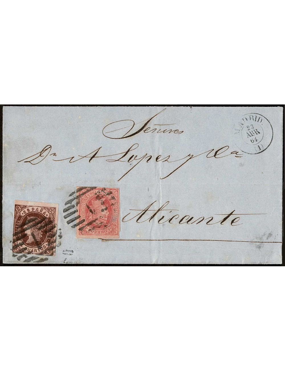 1864 (23 ABR) Madrid a Alicante. Franqueo con sello desmonetizado de 4 cuartos de 1862 y refranqueado con uno de 1864 mat. PC”1”