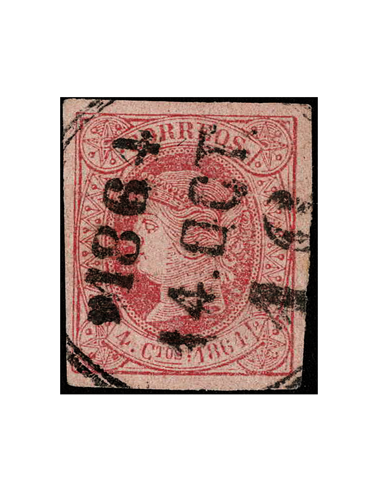 1864 (14 OCT) Sello de 4 cuartos salmón de la emisón de 1864 con la marca del carril “Corazón 1864 / 14 OCT / 16” . Precioso eje