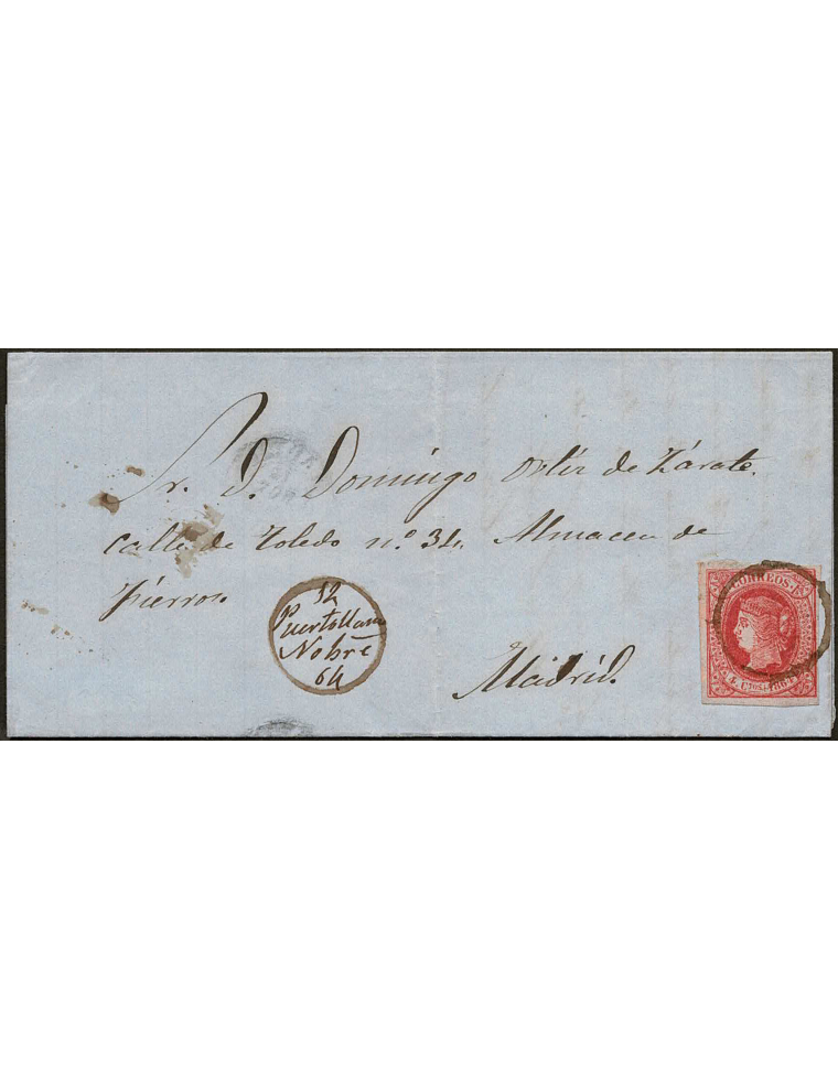 1864 (12 NOV) Puertollano a Madrid. Sobrescito franqueado con un sello de 4 cuartos salmón de la emisión de 1864 que ha sido can