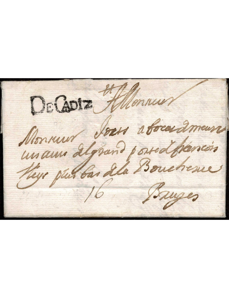 1718 (26 SET) Cádiz a Brujas. Marca “De Cádiz” (nº1) lineal en negro. Porteo mns. “16” décimas. Precios y rarísima marca dirigid