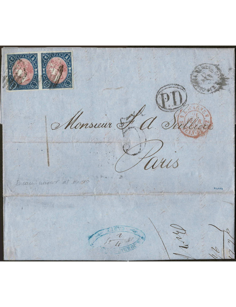 1865 (30 ENE) La Habana a París. 12 cuartos azul y rosa, pareja horizontal mat. parrilla del ambulante y fechador del mismo en e