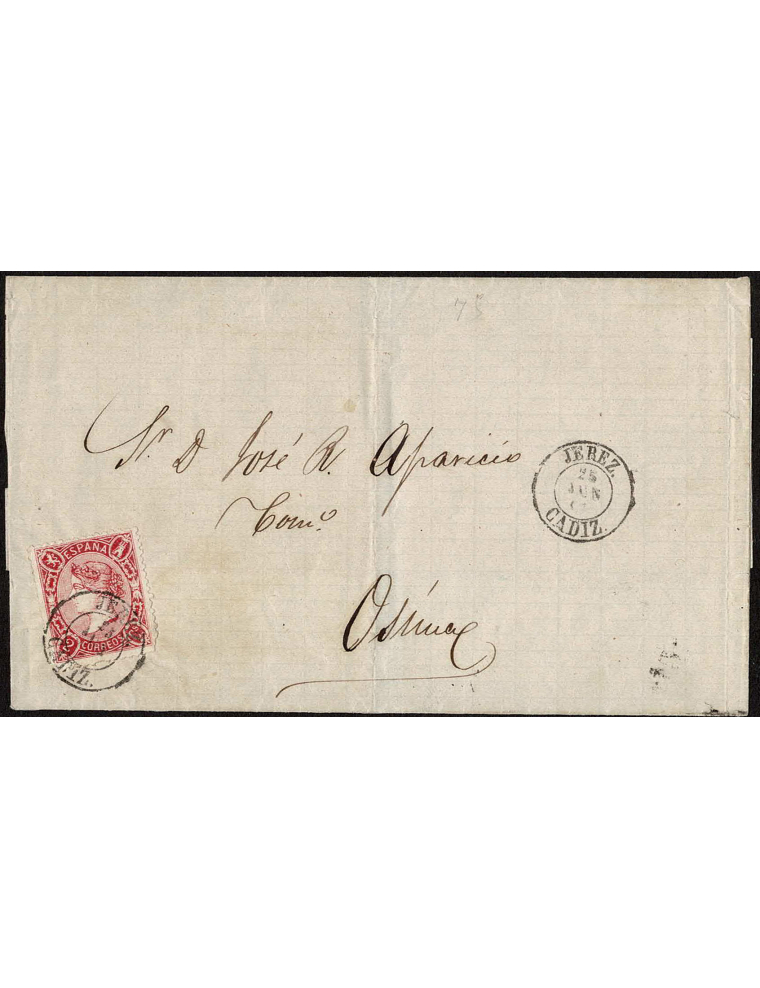 1865 (25 JUN) Jerez de la Frontera a Osuna. 2 cuartos rosa mat. fechador que se repite en el frente. Carta que debía contener un