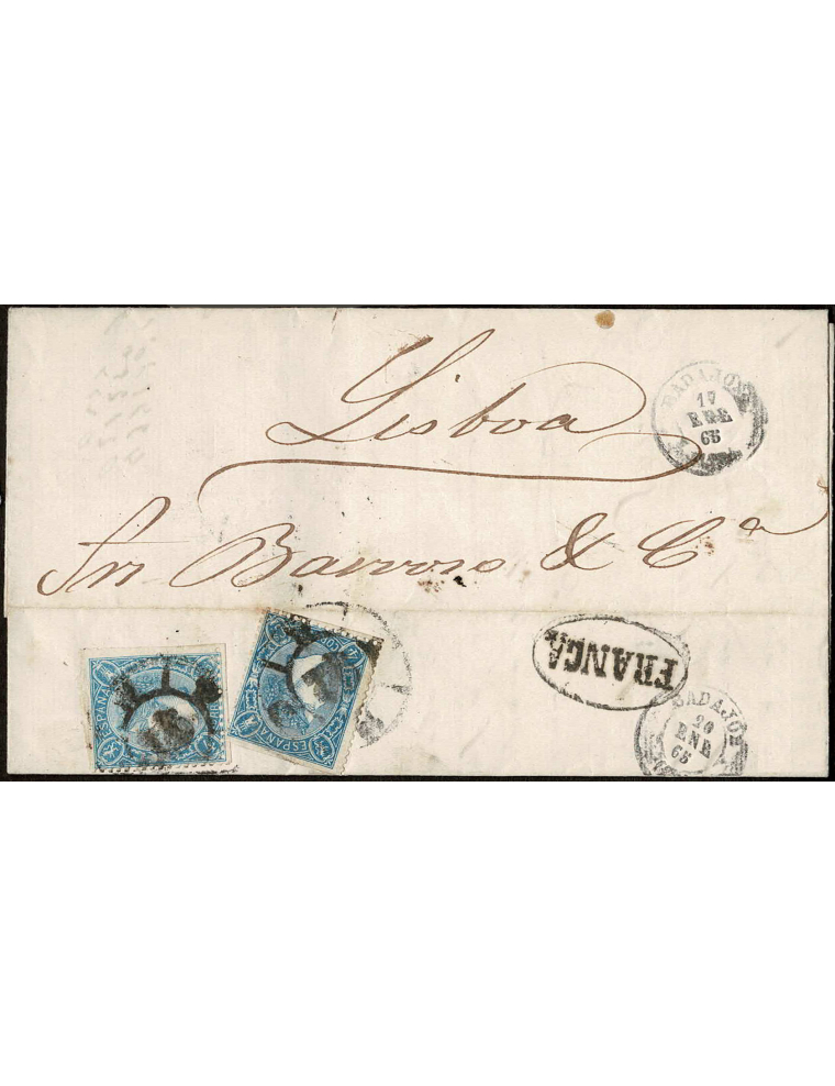 1865 (7 ENE) Badajoz a Lisboa. 4 cuartos azul, dos ejemplares mat. RC”19” y en el frente fechador, ambas en negro de Badajoz. El