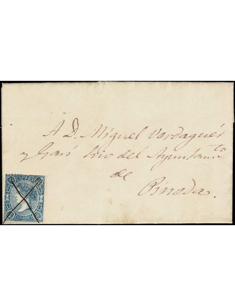 1865 (26 FEB) A Pineda de Mar. 4 cuartos azul mat. aspa de tinta. Carta completa con texto pero sin fecha tópica. Interesante ob