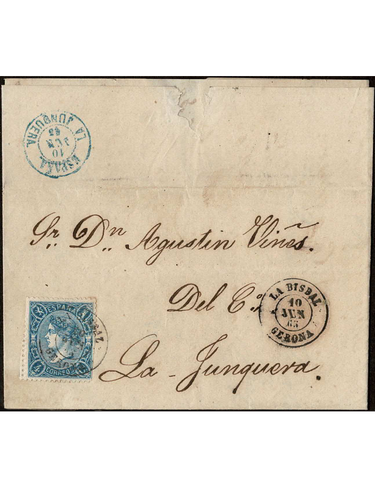 1865 (10 JUN) Palafurgell a La Junquera. 4 cuartos azul mat. fechador en negro de La Bisbal que se repite en el frente. Al dorso