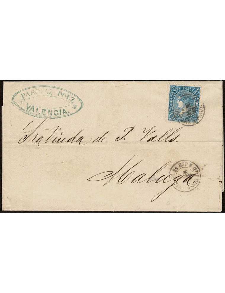 1865 (12 JUN) Valencia a Málaga. 4 cuartos azul mat. fechador “AMB. ASC. 2A ESPED / 12 JUN 65 / *MADRID” que se repite en el fre