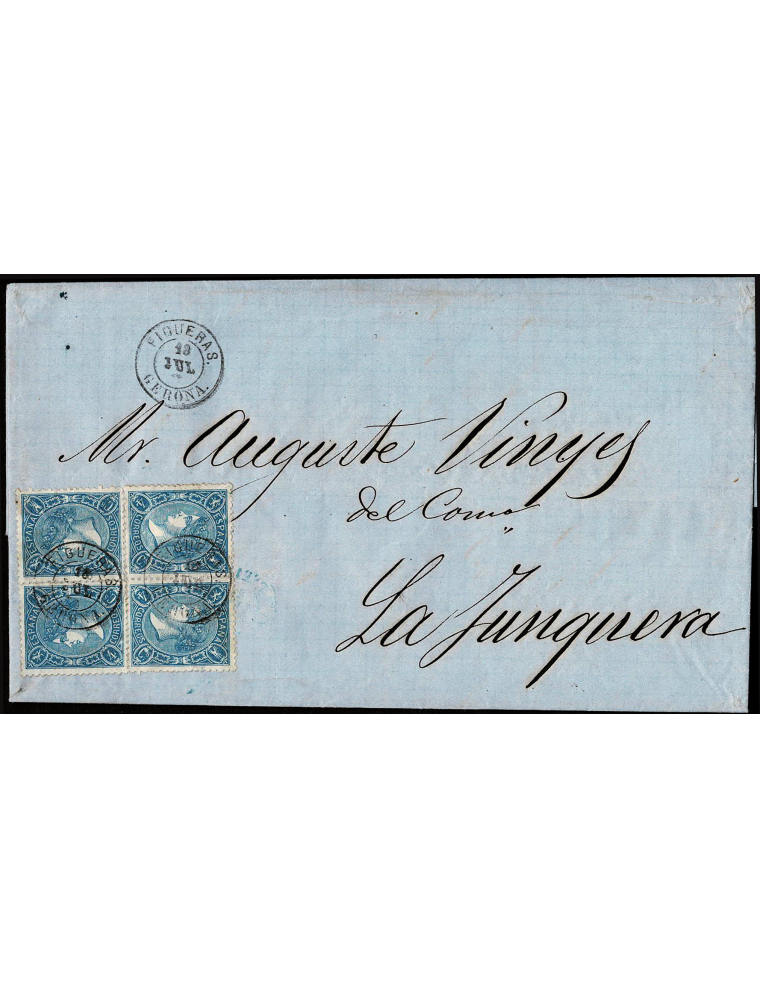 1865 (19 JUL) Figueres a La Junquera. 4 cuartos azul, dos parejas afrontadas como bloque de 4 . Mat. fechador en negro de Figuer