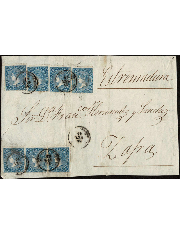 1865 (15 SET) 4 cuartos azul, siete ejemplares mat. fechador ambulante “BILBAO A CASTEJON (2A) / 20 OCT 66 / ( E) AMB.”, que se 