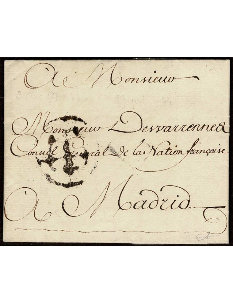 1744 (19 JUL) Bilbao a Madrid. Sobrescrito dirigido al Cónsul General de Francia en España, informándole que, a través del Ayuda