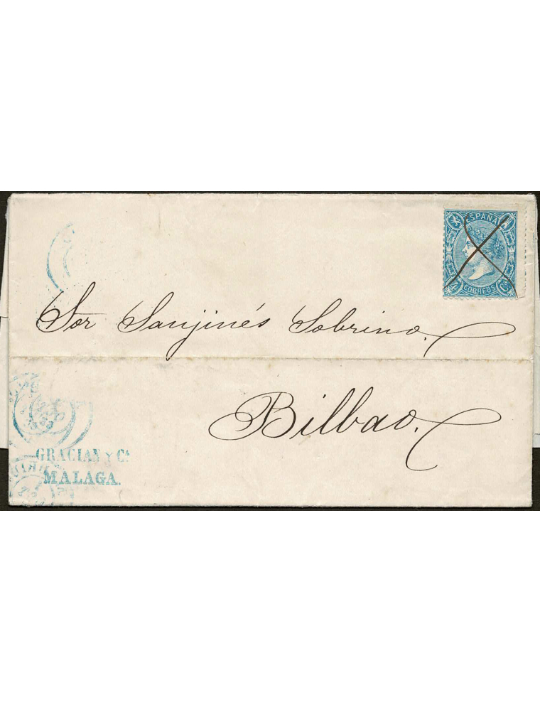 1865 (28 SET) Málaga a Bilbao. 4 cuartos azul mat. aspa de tinta. Es muy rara su utilización como única marca, dado que debió ci