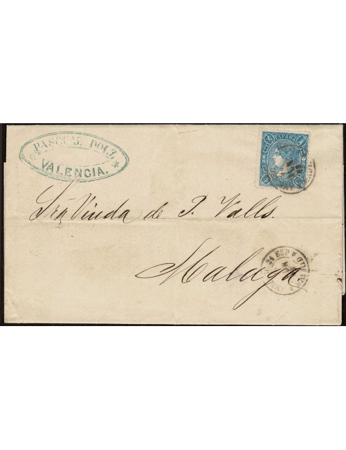 1865 (18 OCT) Valencia a Málaga. 4 cuartos azul mat. fechador ambulante “AMB. ASC. 2A ESPED / 18 OCT 65 / *MADRID” que se repite